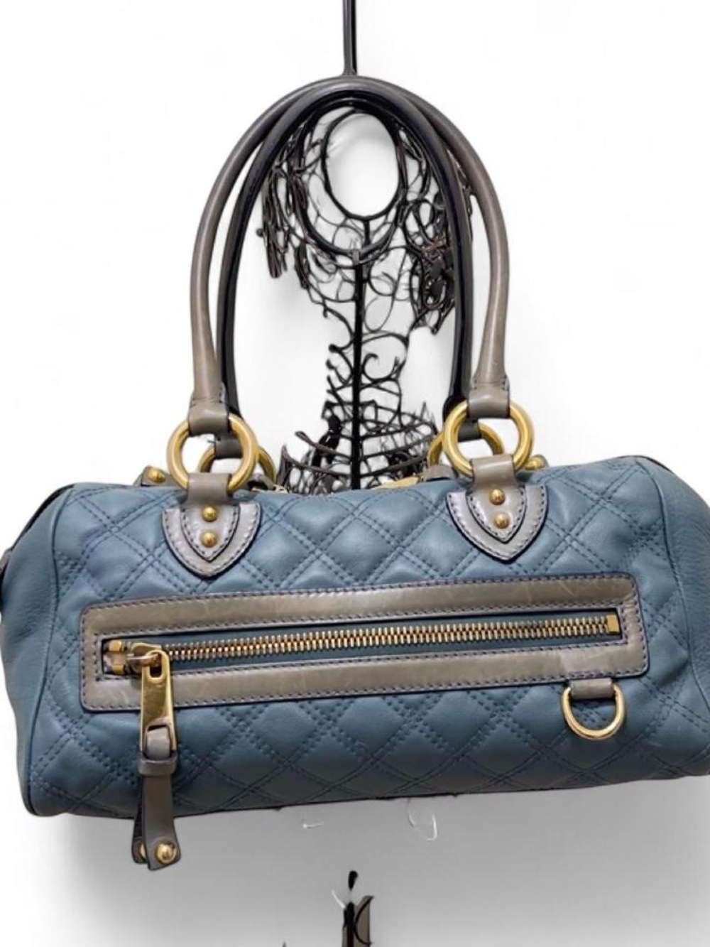 Marc Jacobs Quilted Barrel Satchel in Slate Blue with Taupe Trim
